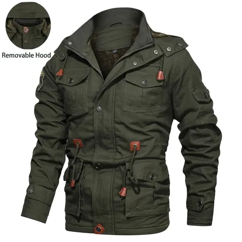 Giacca da Uomo Invernale Spessa Foderata in Pile Cotone Lunghezza Media Parka con Cappuccio Workwear Cargo Cappotto Caldo Tasche