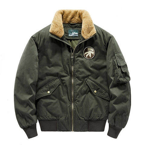 Men's Cotton Flight Bomber Jacket With Lamb Wool Collar Thickened Polyester Padded Workwear Coat Windproof Vintage Winter Outerwear