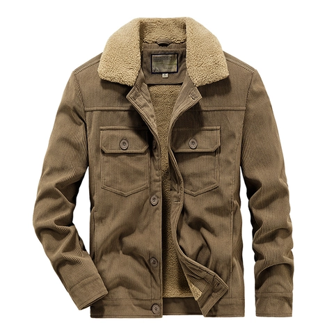 Men's Vintage Corduroy Jacket Fleece Lined Lamb Wool Collar Winter Warm Casual Workwear Loose Button Coat Outwear Men