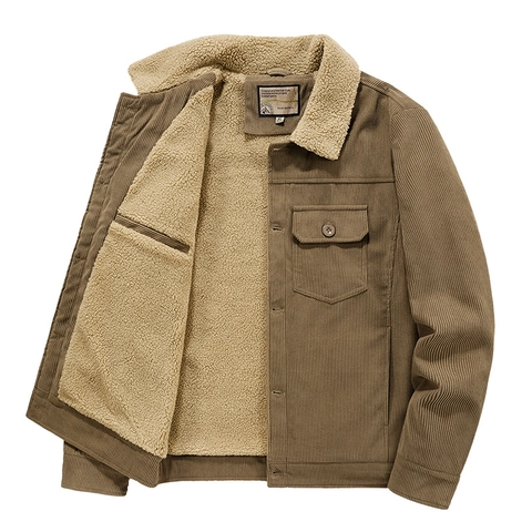 Men's Vintage Corduroy Jacket Fleece Lined Lamb Wool Collar Winter Warm Casual Workwear Loose Button Coat Outwear Men