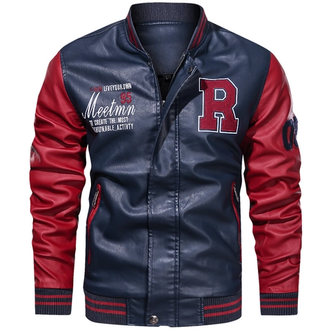Men American Vintage PU Leather Varsity Jacket Color Block Letter Embroidery Patchwork Windproof Streetwear Baseball Bomber Jacket