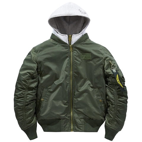 Men Military MA-1 Bomber Jacket With Removable Hood Nylon Windproof Thickened Flight Coat Streetwear Workwear Outerwear