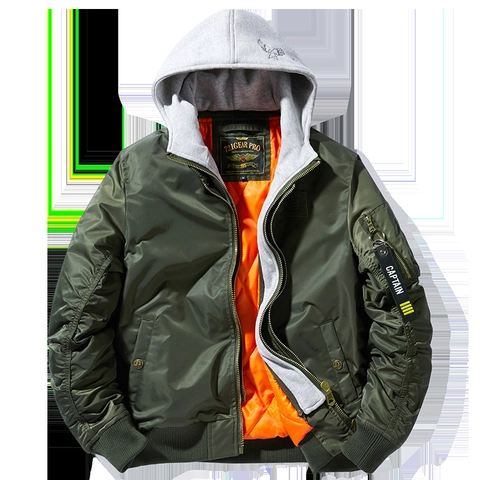 Men Military MA-1 Bomber Jacket With Removable Hood Nylon Windproof Thickened Flight Coat Streetwear Workwear Outerwear