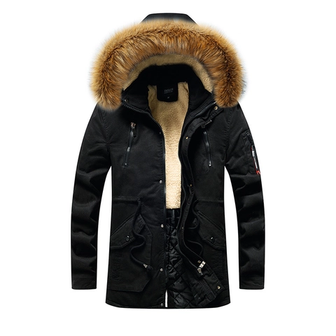 Men Mid-Length Hooded Cotton Jacket With Faux Fur Collar Sherpa Lined Warm Windproof Winter Parka Top For Outdoor Casual Wearing