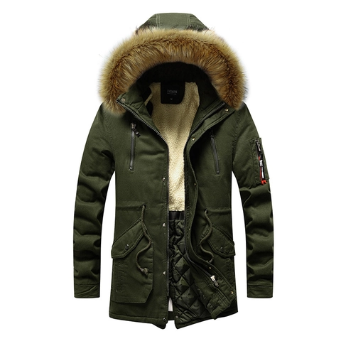 Men Mid-Length Hooded Cotton Jacket With Faux Fur Collar Sherpa Lined Warm Windproof Winter Parka Top For Outdoor Casual Wearing