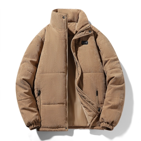 Men Corduroy Padded Jacket Stand Collar Thickened Warm Winter Coat Outdoor Casual Solid Color Regular Fit Male Outerwear