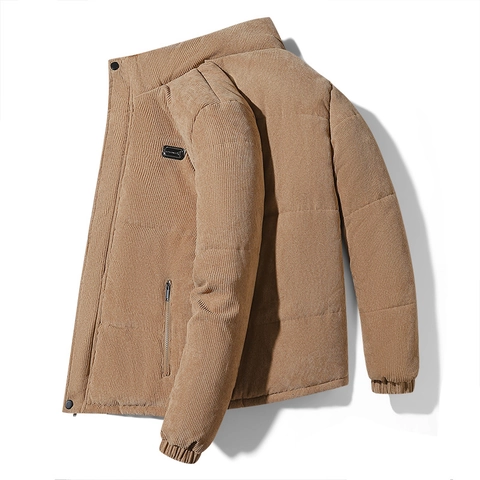 Men Corduroy Padded Jacket Stand Collar Thickened Warm Winter Coat Outdoor Casual Solid Color Regular Fit Male Outerwear