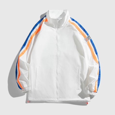 Veste de Sport Coupe-vent Tendance pour Hommes Col Montant Manteau Léger à Fermeture Éclair Rayures Color Block Outdoor Décontracté