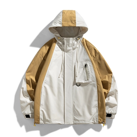 Men Outdoor Color Block Hooded Jacket Windproof Casual Workwear Coat Polyester Pocket Outerwear For Spring Autumn