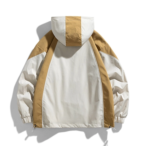 Men Outdoor Color Block Hooded Jacket Windproof Casual Workwear Coat Polyester Pocket Outerwear For Spring Autumn