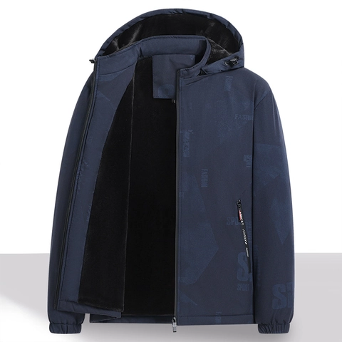 Men Casual Hooded Jacket Polyester Windproof Outerwear Spring Autumn Winter Fleece Lined Sporty Letter Print Zip Up Coat