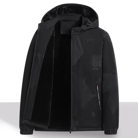 Men Casual Hooded Jacket Polyester Windproof Outerwear Spring Autumn Winter Fleece Lined Sporty Letter Print Zip Up Coat