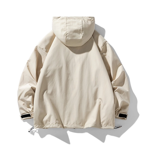 Men's Casual Hooded Windbreaker Jacket Outdoor Loose Fit Workwear Coat Multi Pockets Breathable Polyester Outerwear