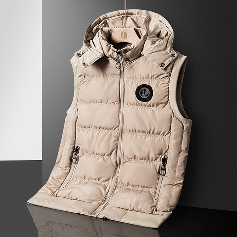 Gilet Matelassé à Capuche pour Homme en Polyester Coupe-vent Veste Sans Manches Avec Capuche Détachable Coupe Ajustée Hiver Chaud