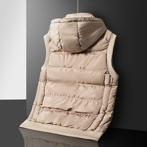Gilet Matelassé à Capuche pour Homme en Polyester Coupe-vent Veste Sans Manches Avec Capuche Détachable Coupe Ajustée Hiver Chaud