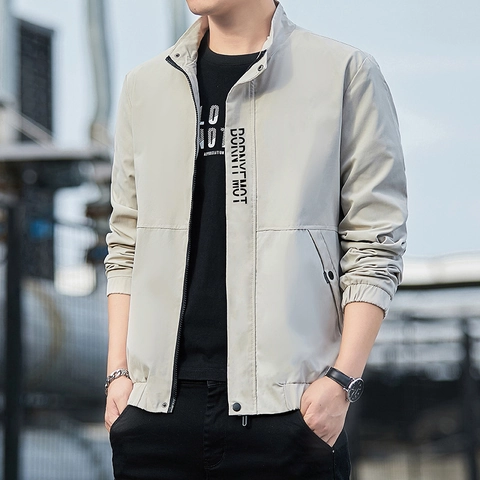 Herren Casual Stehkragen Jacke Polyester Winddicht Reißverschluss Outdoor Oberbekleidung Solid Print Mode Frühling Herbst Mantel