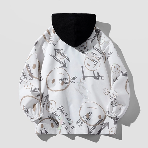 Men Streetwear Graffiti Hooded Jacket Polyester Breathable Retro Functional Coat Casual Urban Fashion Windbreaker Outerwear Top