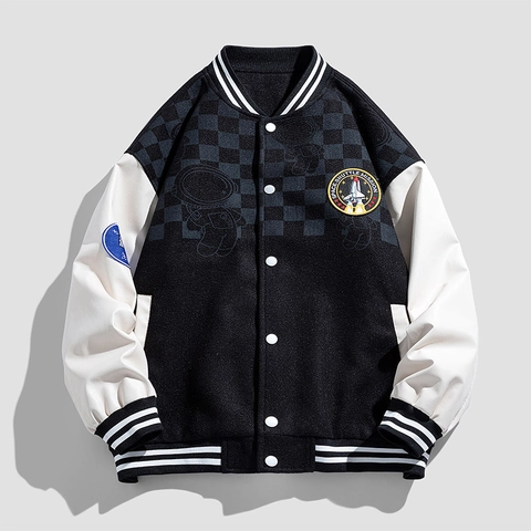 Herren Retro Varsity Jacke Space Shuttle Mission Stickerei Color Block Baseball Bomber Jacke Mit PU Leder Ärmeln Für Männer
