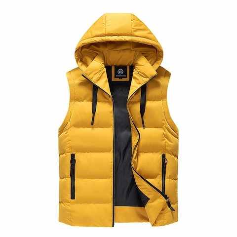 Men Hooded Padded Vest Warm Sleeveless Jacket Windproof Polyester Quilted Waistcoat Casual Solid Color Outerwear For Men