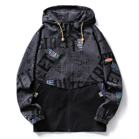 Giacca a Vento da Uomo con Cappuccio Streetwear Stampa Lettere Blocco di Colore Poliestere Casual Largo Taglie Forti Soprabito Primavera Autunno