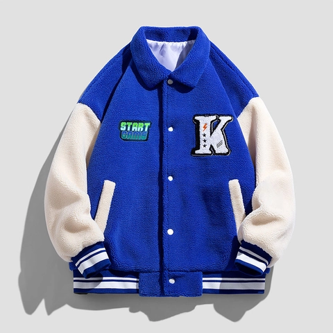 Ανδρική American Vintage Sherpa Baseball Ζακέτα Unisex Color Block Fleece Varsity Παλτό Ζεστό Patchwork Κέντημα Ενδύματα