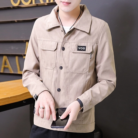 Veste Workwear pour Hommes Effet Daim Revers Simple Boutonnage Multi Poches Décontracté Mode Couleur Unie Printemps
