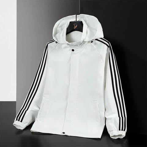 Men Sporty Windproof Jacket Hooded Outerwear Three Stripes Long Sleeve Lightweight Coat For Spring Autumn Casual Tops