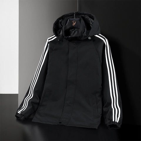 Men Sporty Windproof Jacket Hooded Outerwear Three Stripes Long Sleeve Lightweight Coat For Spring Autumn Casual Tops