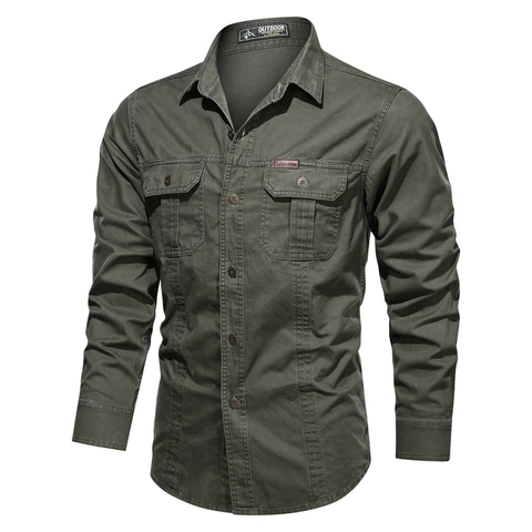 Chemise de Travail Extérieure en Pur Coton pour Homme Couleur Unie Casual Tactique Cargo Manches Longues Col Montant