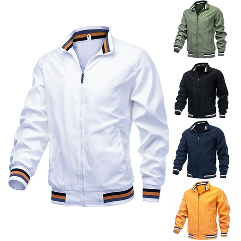 Chaqueta Bomber Casual para Hombre Resistente al Viento Cuello Alzado con Cremallera Deportiva con Ribete de Rayas Poliéster