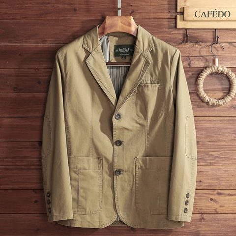Men's Retro 100% Cotton Casual Blazer Jacket With Elbow Patches Notched Lapel Three Button Workwear Small Suit Jacket For Men