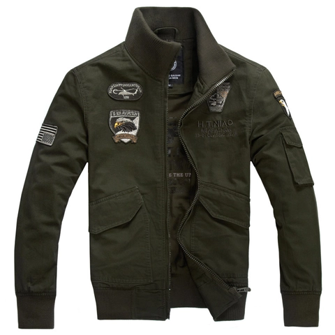 Chaqueta Militar para Hombre Algodón Bomber Casual Bordado Cuello Alto Abrigo de Trabajo Tallas Grandes
