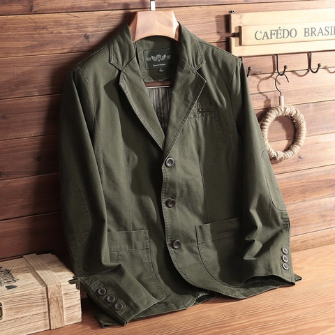 Men's Retro 100% Cotton Casual Blazer Jacket With Elbow Patches Notched Lapel Three Button Workwear Small Suit Jacket For Men