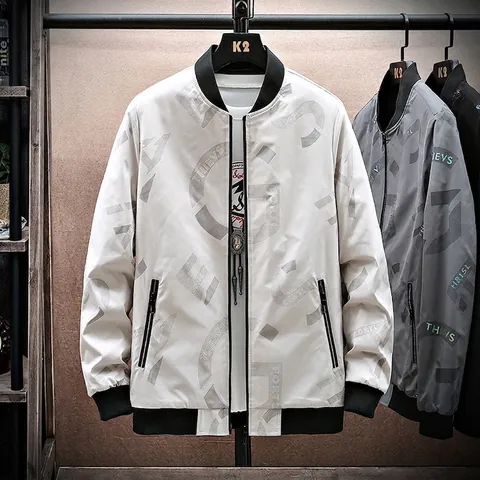Chaqueta Bomber Casual Para Hombre Estampado Letras Cuello Alzado Puños Acanalados Cremallera Primavera Otoño Talla Grande Cortavientos