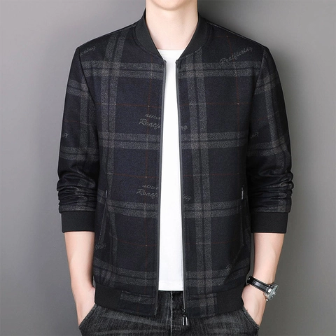 Herren Casual Business Karojacke Baseballkragen Buchstabendruck Slim Fit Bomberjacke Reißverschluss Mantel Für Frühling Herbst