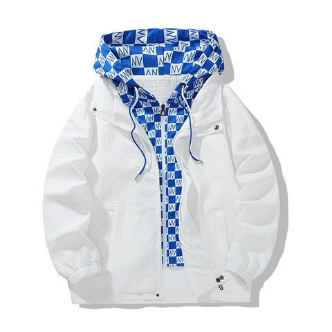 Veste Coupe-vent Décontractée à Capuche pour Hommes Texture Gaufrée Motif à Carreaux Fermeture Éclair Streetwear