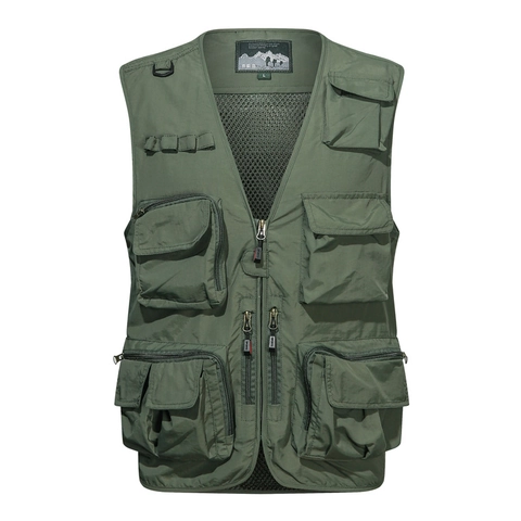 Chaleco de Pesca Fotografía al Aire Libre Multibolsillo para Hombre Nailon Ligero Transpirable Cuello en V Cremallera