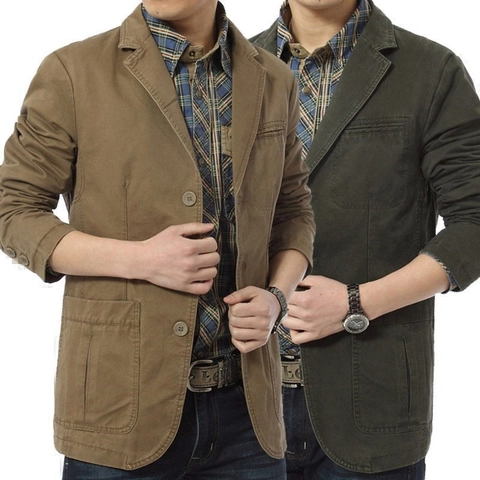 Blazer Décontracté en Coton pour Hommes Veste à Revers Simple Boutonnage Manteau de Travail avec Poches Plaquées pour Hommes Automne