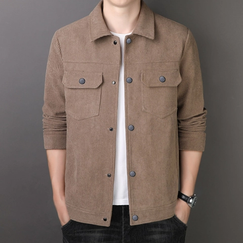 Men's Casual Corduroy Jacket Vintage Solid Color Lapel Button Up Coat Slim Fit Spring Autumn Workwear Outerwear Top