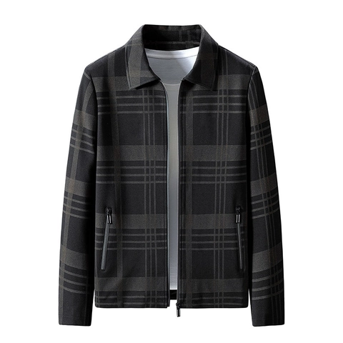 Chaqueta Casual de Cuadros para Hombre 100% Poliéster Forro de Lana Abrigo Cálido de Invierno Con Solapa y Bolsillos Con Cremallera