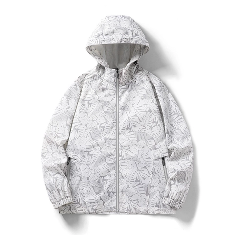 Men Tropical Leaf Print Windbreaker Jacket Hooded Lightweight Outdoor Zip Up Coat For Running Hiking Casual Outerwear