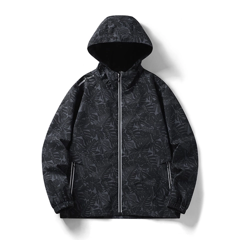Men Tropical Leaf Print Windbreaker Jacket Hooded Lightweight Outdoor Zip Up Coat For Running Hiking Casual Outerwear