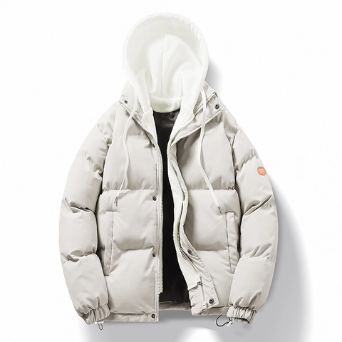 Men's Winter Puffer Jacket Hooded Thickened Warm Windproof Loose Fit Fake Two Piece Design Coat Outerwear For Men Solid Color