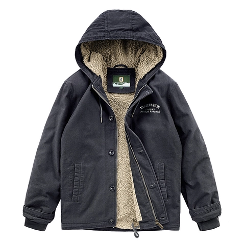 Veste de Travail à Capuche pour Hommes Doublée Sherpa Toile de Coton Coupe-Vent Manteau d'Hiver Épais Vêtements Décontractés Mode Masculine