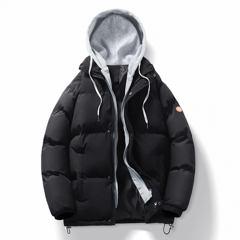 Men's Winter Puffer Jacket Hooded Thickened Warm Windproof Loose Fit Fake Two Piece Design Coat Outerwear For Men Solid Color