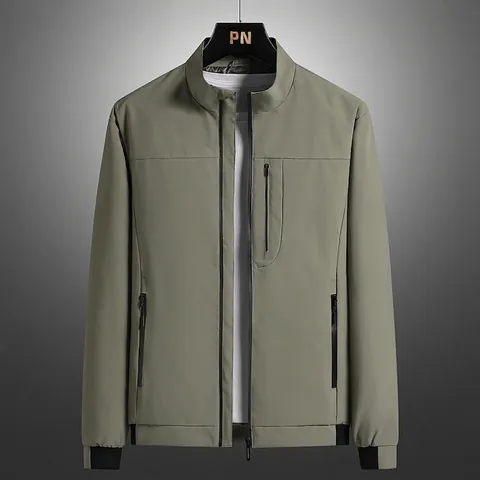 Men Stand Collar Jacket Polyester Windproof Lightweight Coat Casual Outdoor Outerwear For Autumn Spring With Multi Zipper Pockets Ribbed Cuffs Fashion