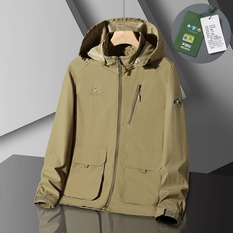 Men Casual Hooded Jacket Lightweight Nylon Windbreaker Workwear Multi Pockets Outdoor Full Zip Coat For Men Daily Wear