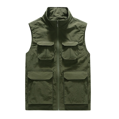 Gilet da Pesca Cargo da Uomo All'aperto in Nylon Traspirante Multitasche Gilet con Collo a Listino per Fotografia Casual