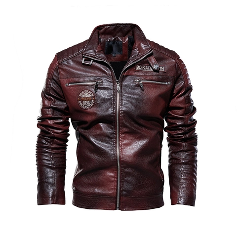 Chaqueta de Cuero PU para Hombre Cuello Alto Cremallera Forro de Felpa Acolchada Abrigo de Motociclista Retro Ajuste Delgado Otoño Invierno
