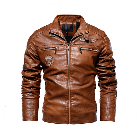 Chaqueta de Cuero PU para Hombre Cuello Alto Cremallera Forro de Felpa Acolchada Abrigo de Motociclista Retro Ajuste Delgado Otoño Invierno